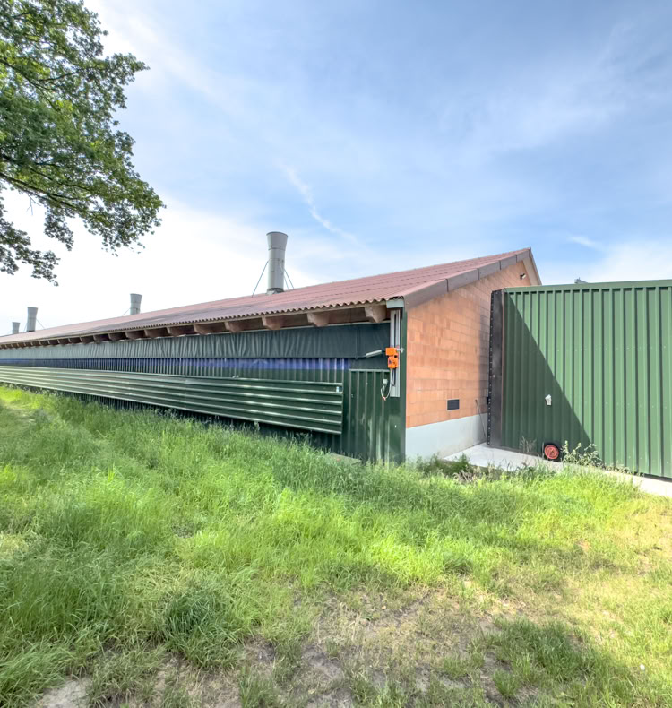 Langes Gebäude mit rotem Ziegeldach und grünem Container daneben, umgeben von Gras und einem Baum im Vordergrund.